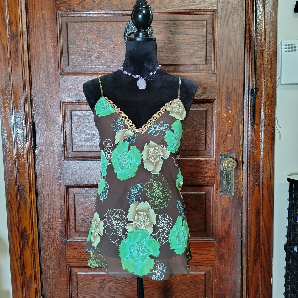 Y2K 2000s Flowercore Sheer Brown Green Gold Fairycore Adj Cami /T591